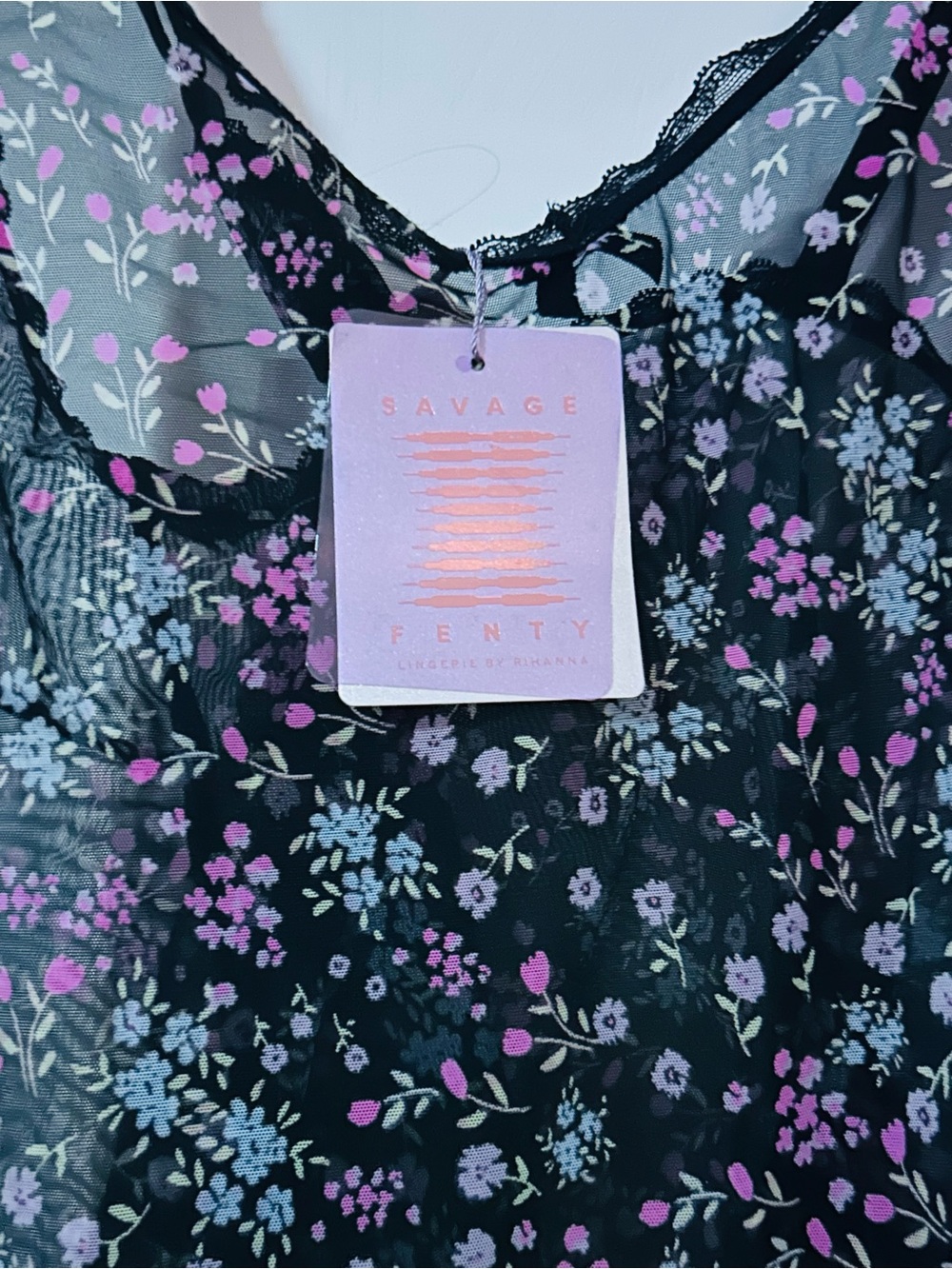 Savage X Fenty Black Satin Chemise with Pink & Purple Floral Print - Picture 3 of 4